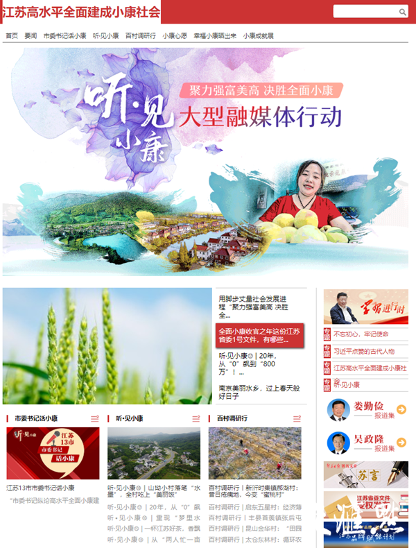 “江苏高水平全面建成小康社会”官网截图